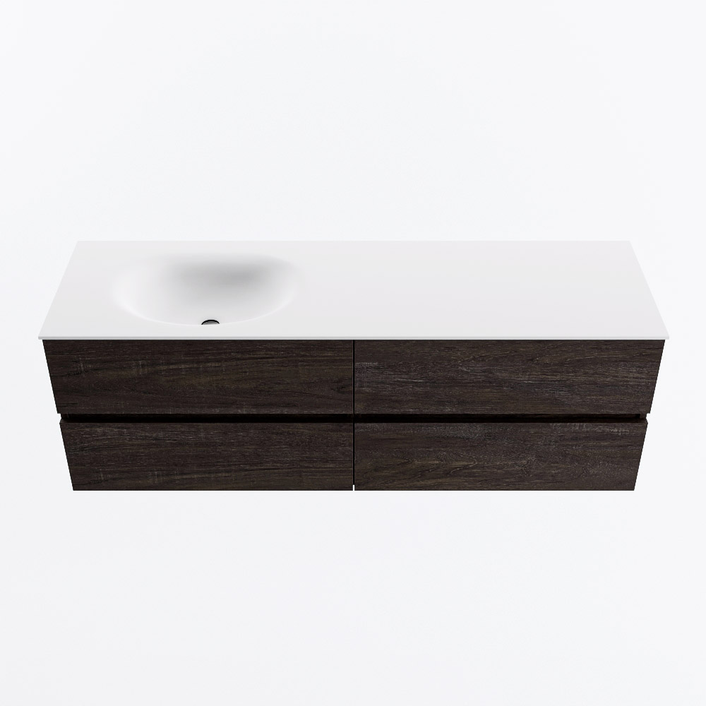 Mondiaz VICA 150cm badmeubel onderkast Dark Brown 4 lades. Wastafel MOON links zonder kraangat, kleur Talc.
