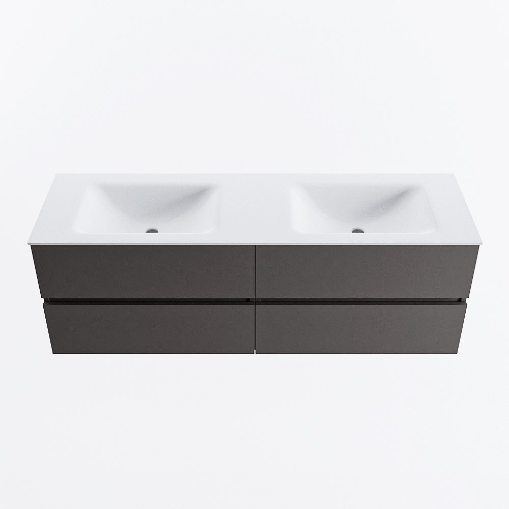 Mondiaz VICA 150cm badmeubel onderkast Dark Grey 4 lades. Wastafel CLOUD dubbel 2 kraangaten, kleur Talc.