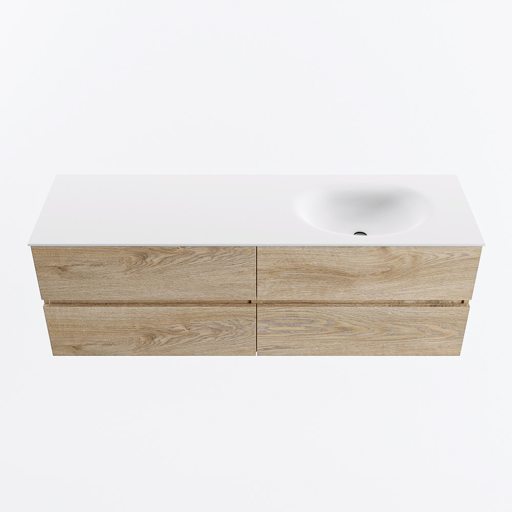 Mondiaz VICA 150cm badmeubel onderkast Washed Oak 4 lades. Wastafel MOON rechts 1 kraangat, kleur Talc.