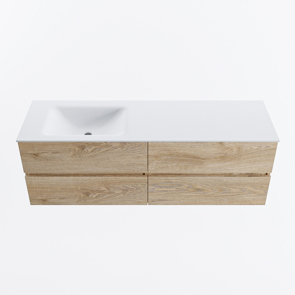 Mondiaz VICA 150cm badmeubel onderkast Washed Oak 4 lades. Wastafel CLOUD links zonder kraangat, kleur Talc.