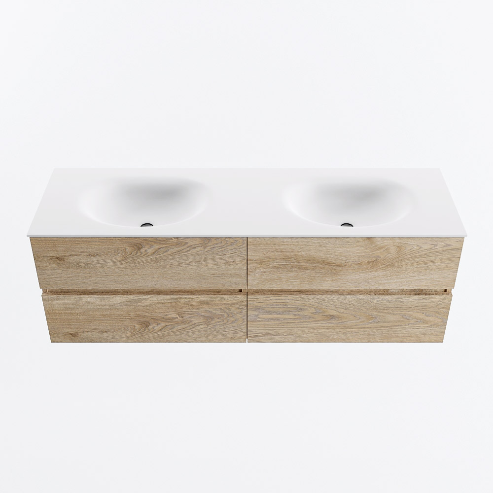 Mondiaz VICA 150cm badmeubel onderkast Washed Oak 4 lades. Wastafel MOON dubbel 2 kraangaten, kleur Talc.