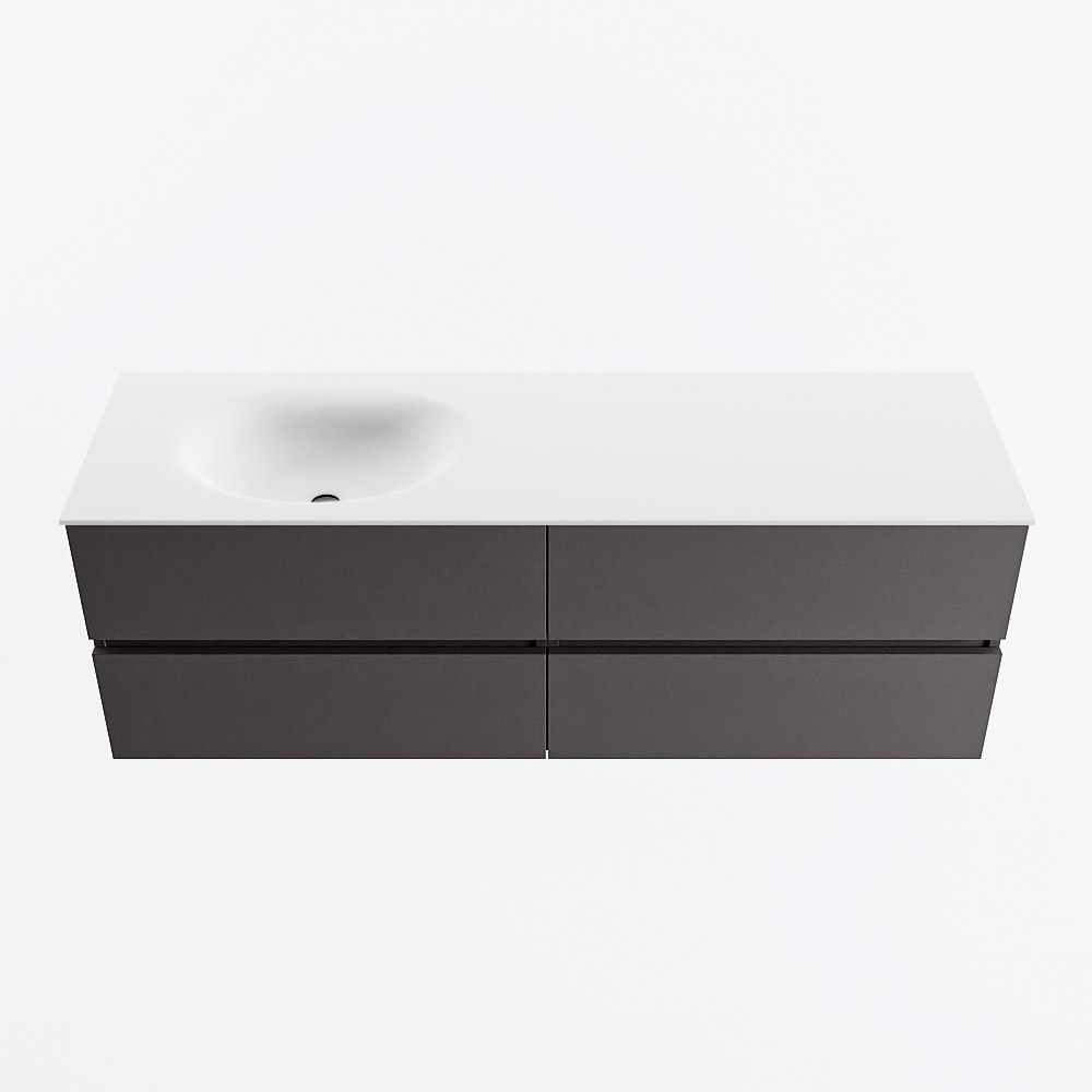Mondiaz VICA 150cm badmeubel onderkast Dark Grey 4 lades. Wastafel MOON links zonder kraangat, kleur Talc.
