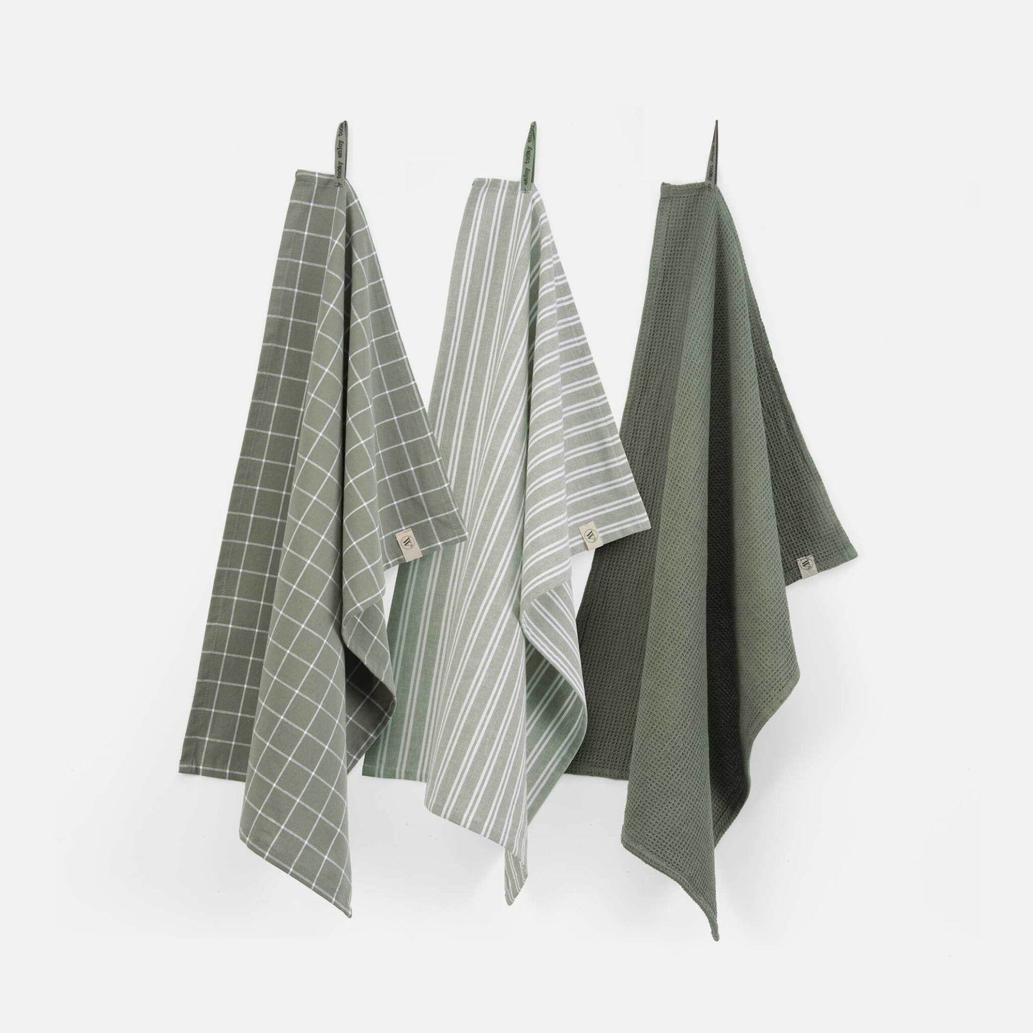 Walra Keukenset Dry w. Cubes Uni, Stripes&Blocks Legergroen 3x 50x70