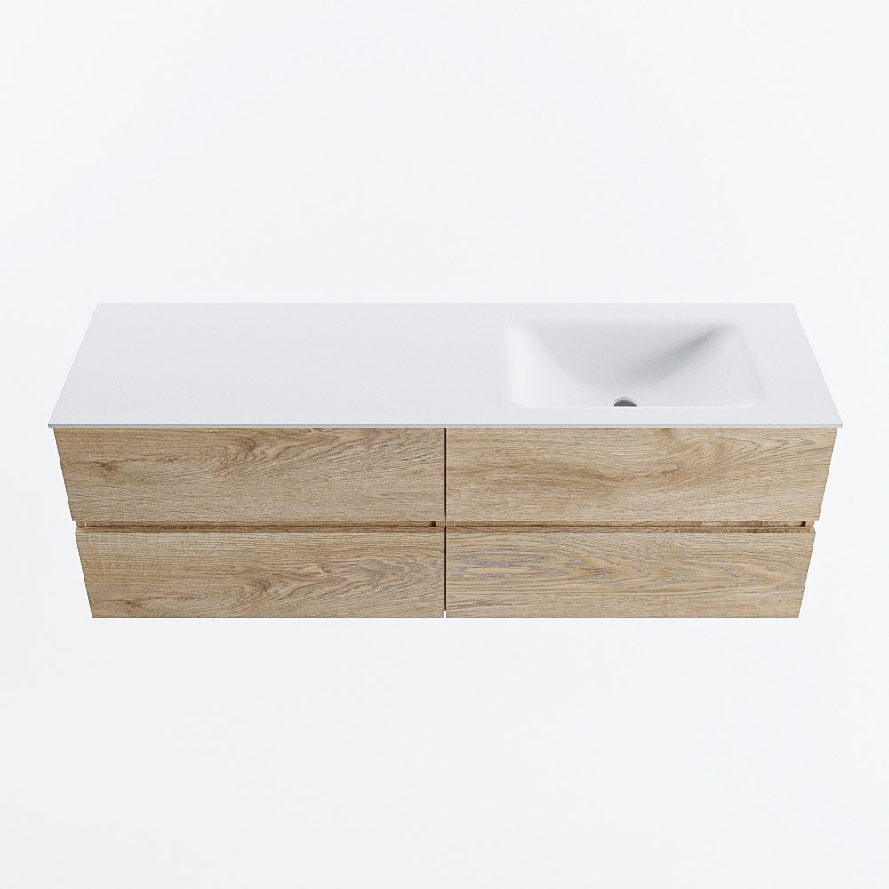 Mondiaz VICA 150cm badmeubel onderkast Washed Oak 4 lades. Wastafel CLOUD rechts zonder kraangat, kleur Talc.