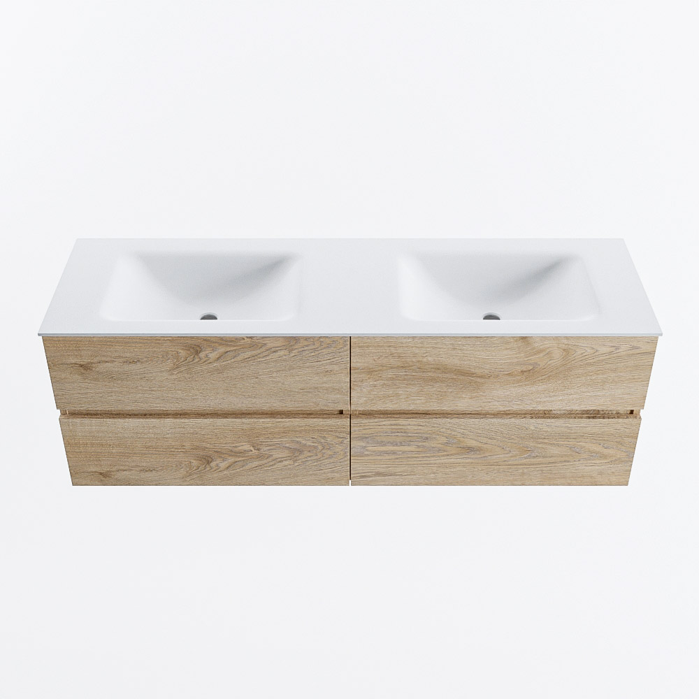 Mondiaz VICA 150cm badmeubel onderkast Washed Oak 4 lades. Wastafel CLOUD dubbel zonder kraangat, kleur Talc.