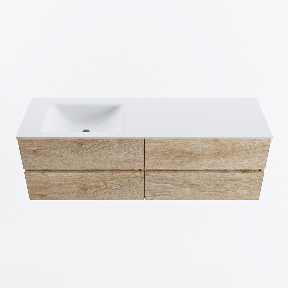 Mondiaz VICA 150cm badmeubel onderkast Washed Oak 4 lades. Wastafel CLOUD links 1 kraangat, kleur Talc.