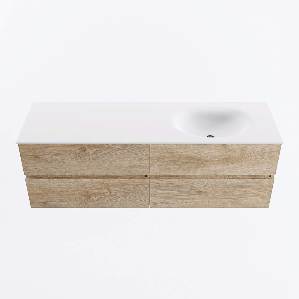 Mondiaz VICA 150cm badmeubel onderkast Washed Oak 4 lades. Wastafel MOON rechts zonder kraangat, kleur Talc.