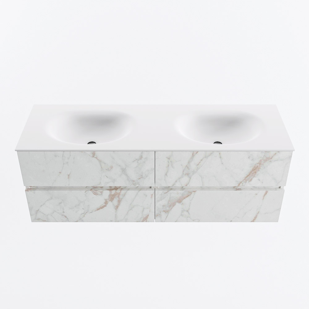 Mondiaz VICA 140cm badmeubel onderkast Carrara 4 lades. Wastafel MOON dubbel 2 kraangaten, kleur Talc.