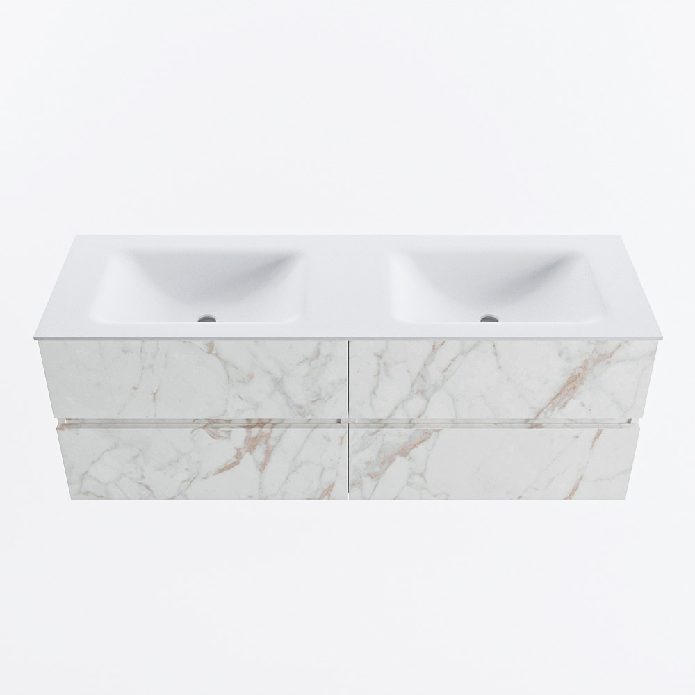 Mondiaz VICA 140cm badmeubel onderkast Carrara 4 lades. Wastafel CLOUD dubbel 2 kraangaten, kleur Talc.