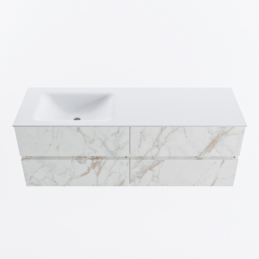 Mondiaz VICA 140cm badmeubel onderkast Carrara 4 lades. Wastafel CLOUD links zonder kraangat, kleur Talc.