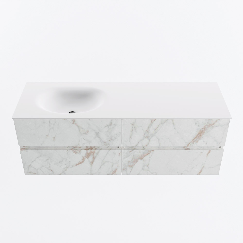 Mondiaz VICA 140cm badmeubel onderkast Carrara 4 lades. Wastafel MOON links 1 kraangat, kleur Talc.