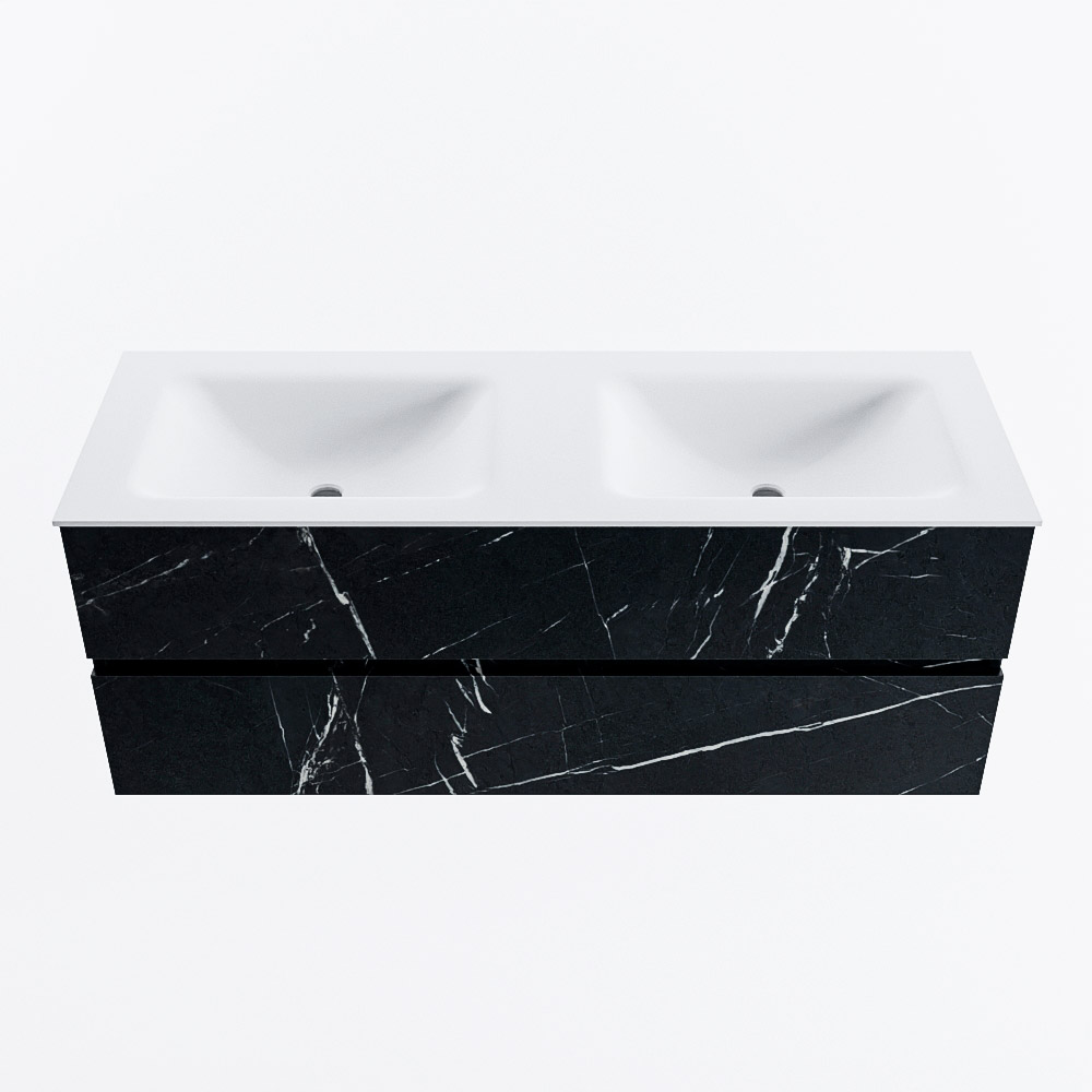 Mondiaz VICA 130cm badmeubel onderkast Marquina 2 lades. Wastafel CLOUD dubbel 2 kraangaten, kleur Talc.