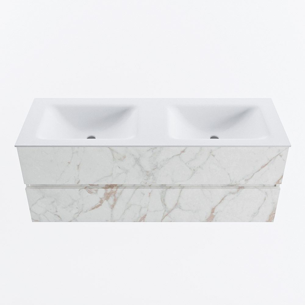 Mondiaz VICA 130cm badmeubel onderkast Carrara 2 lades. Wastafel CLOUD dubbel zonder kraangat, kleur Talc.