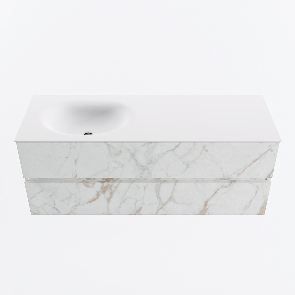 Mondiaz VICA 130cm badmeubel onderkast Carrara 2 lades. Wastafel MOON links zonder kraangat, kleur Talc.