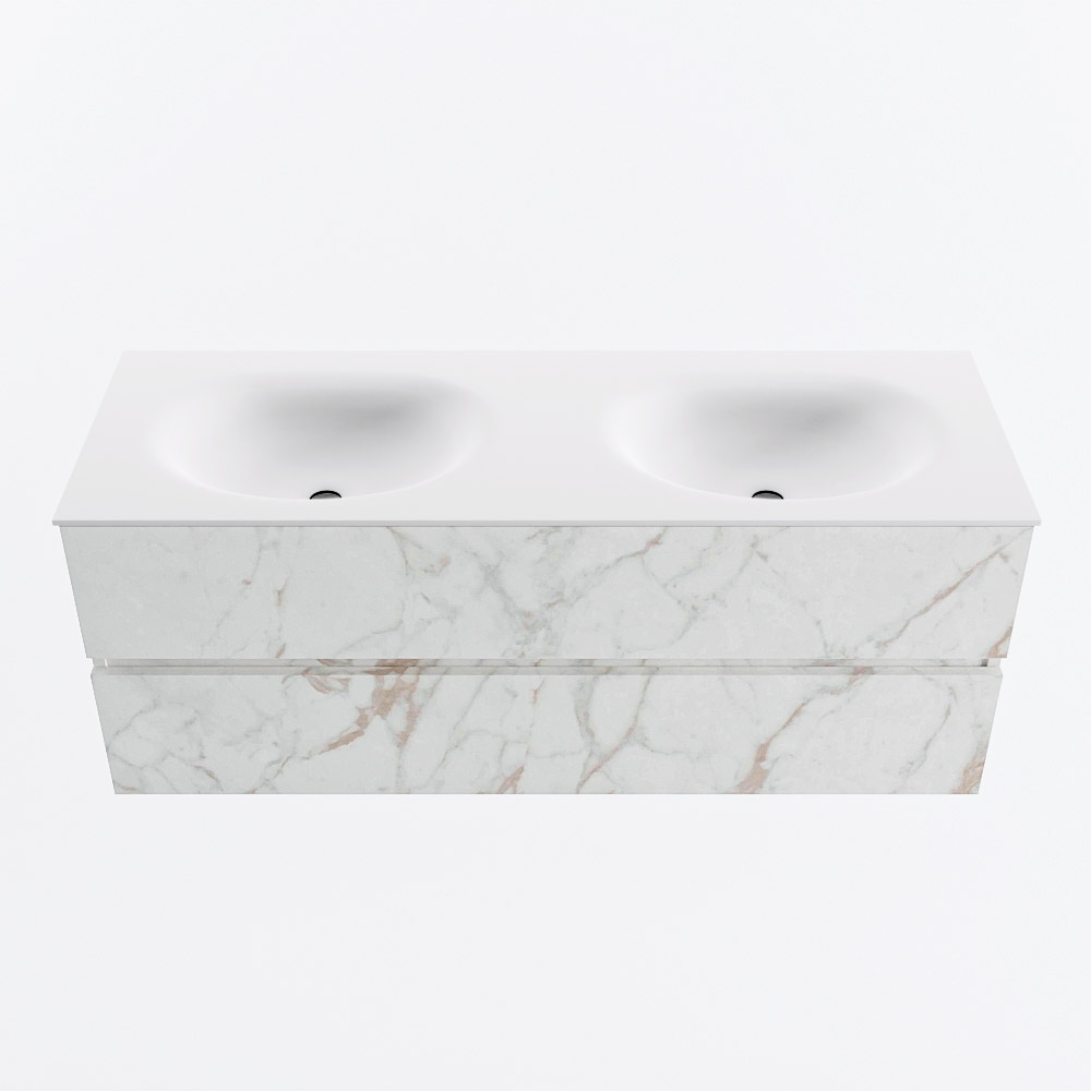 Mondiaz VICA 130cm badmeubel onderkast Carrara 2 lades. Wastafel MOON dubbel zonder kraangat, kleur Talc.