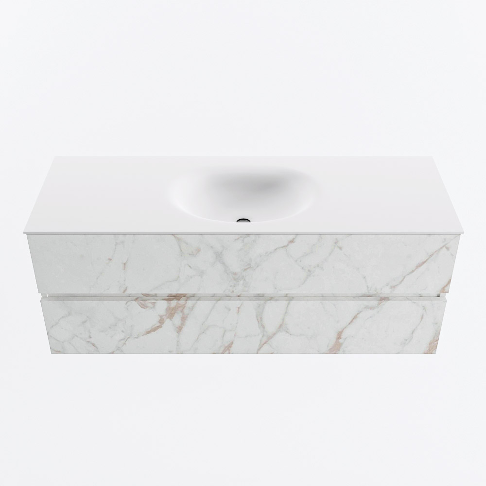 Mondiaz VICA 130cm badmeubel onderkast Carrara 2 lades. Wastafel MOON midden 1 kraangat, kleur Talc.