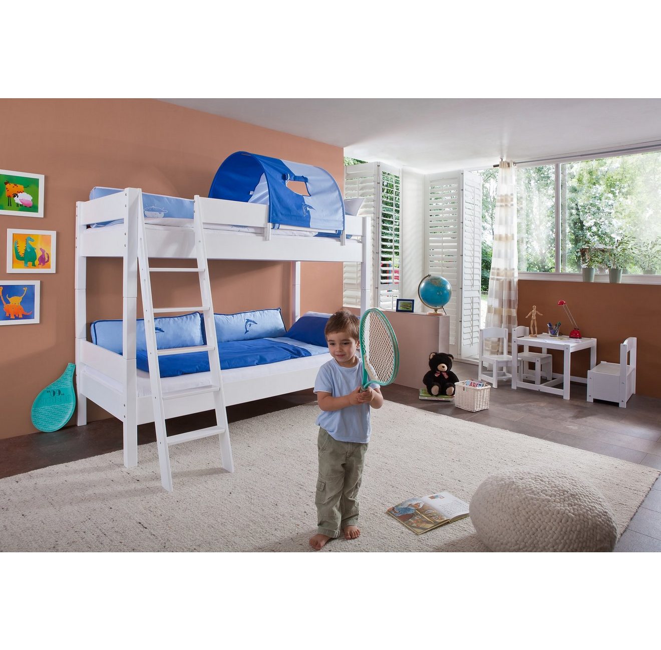 Relita Stapelbed Stefan incl. oprolbaar lattenbodem, met ladder en valbeveiliging, textiel set, beuken