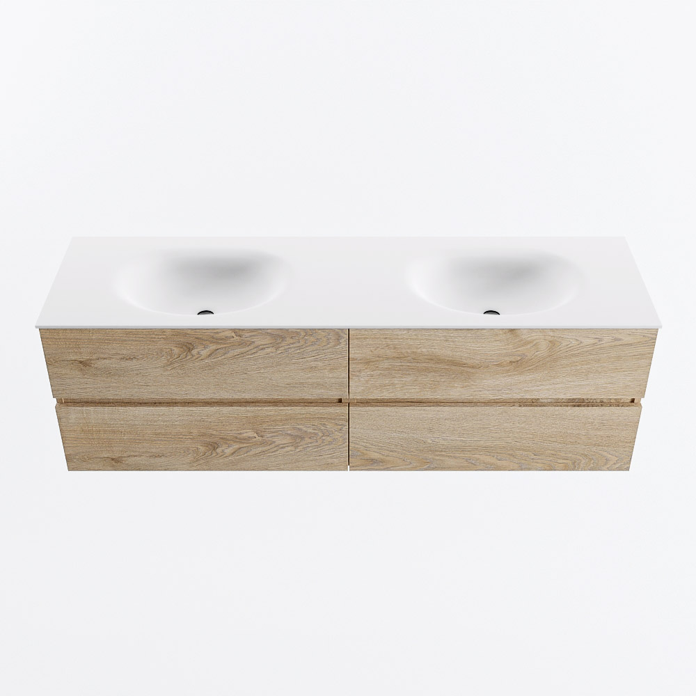 Mondiaz VICA 160cm badmeubel onderkast Washed Oak 4 lades. Wastafel MOON dubbel zonder kraangat, kleur Talc.