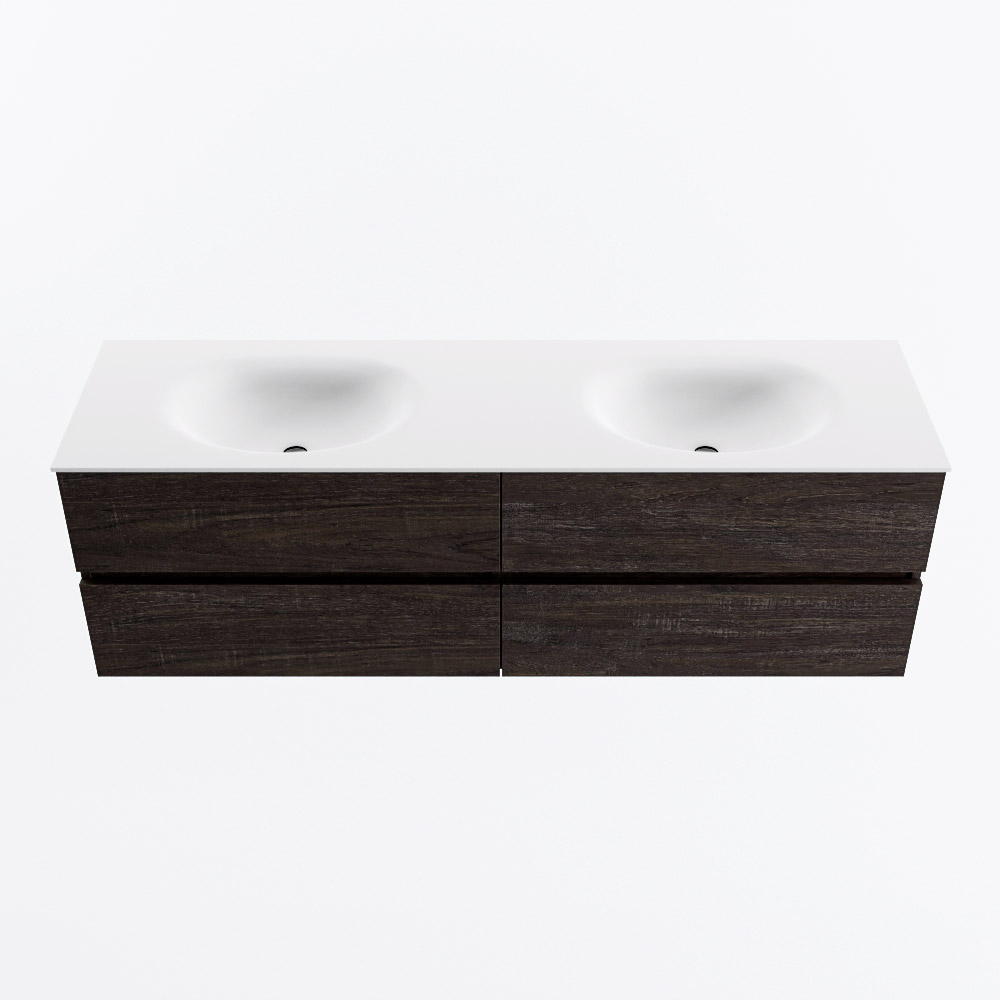 Mondiaz VICA 160cm badmeubel onderkast Dark Brown 4 lades. Wastafel MOON dubbel zonder kraangat, kleur Talc.