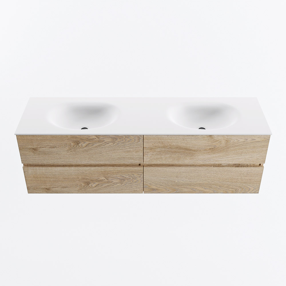Mondiaz VICA 160cm badmeubel onderkast Washed Oak 4 lades. Wastafel MOON dubbel 2 kraangaten, kleur Talc.