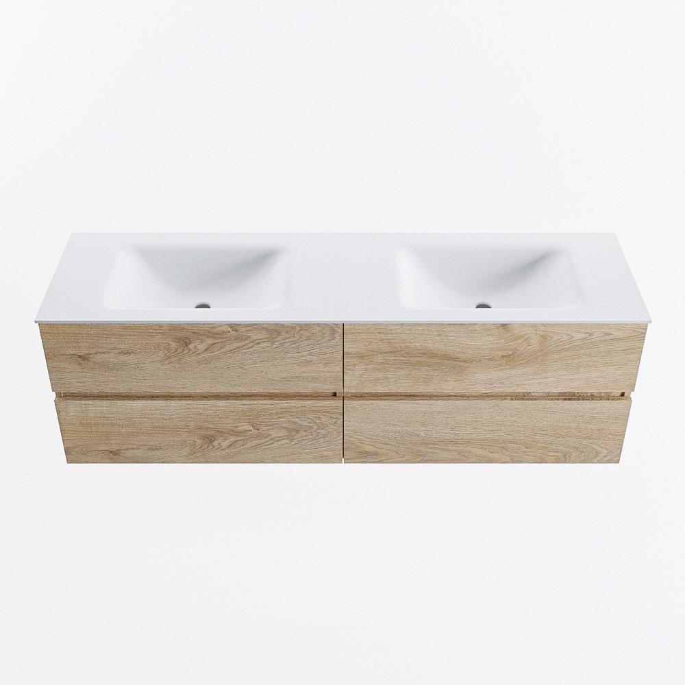 Mondiaz VICA 160cm badmeubel onderkast Washed Oak 4 lades. Wastafel CLOUD dubbel zonder kraangat, kleur Talc.