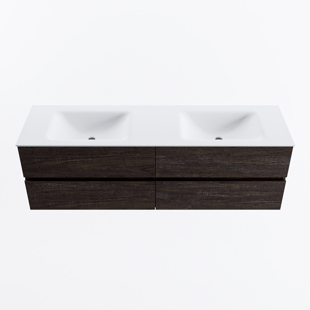 Mondiaz VICA 160cm badmeubel onderkast Dark Brown 4 lades. Wastafel CLOUD dubbel 2 kraangaten, kleur Talc.