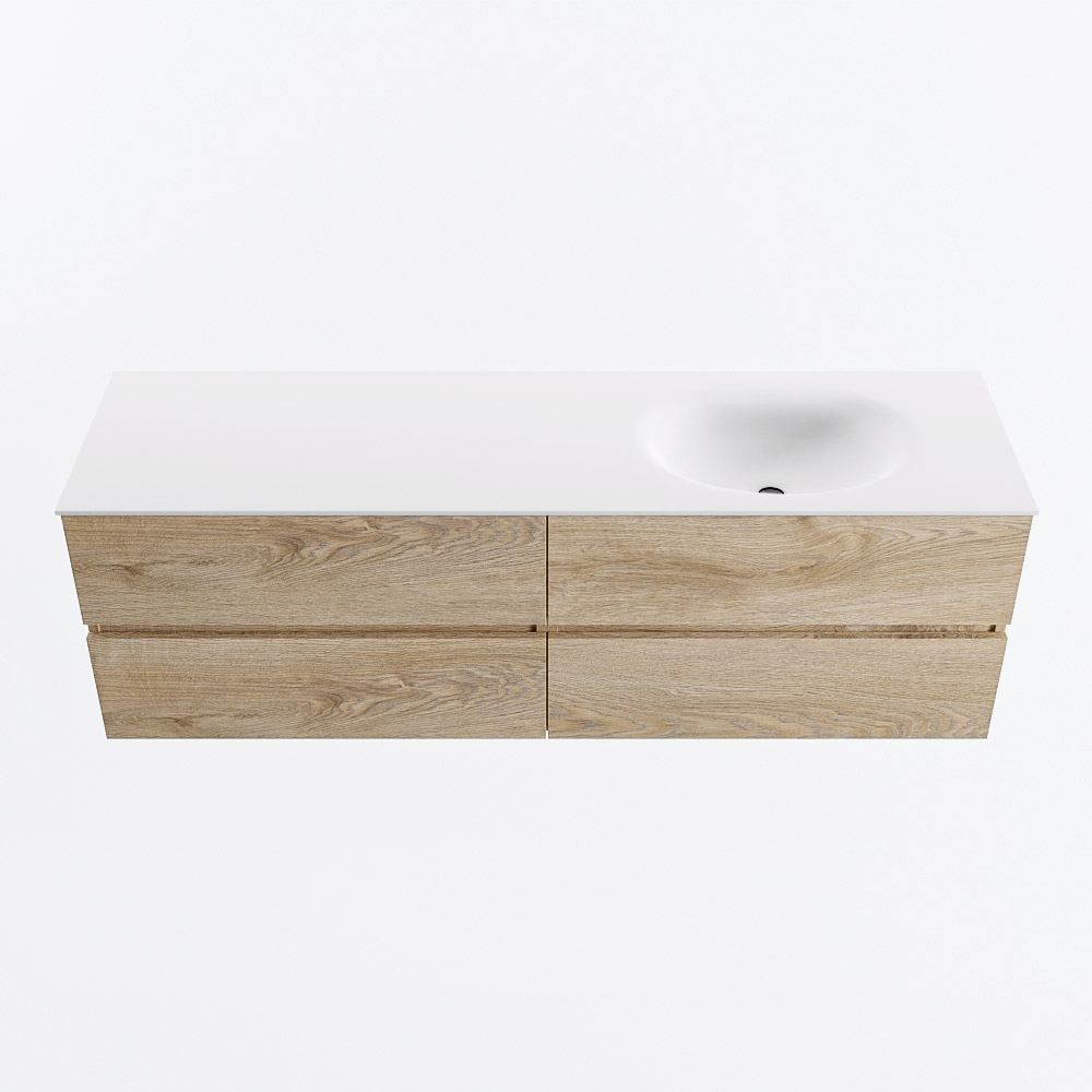 Mondiaz VICA 160cm badmeubel onderkast Washed Oak 4 lades. Wastafel MOON rechts 1 kraangat, kleur Talc.