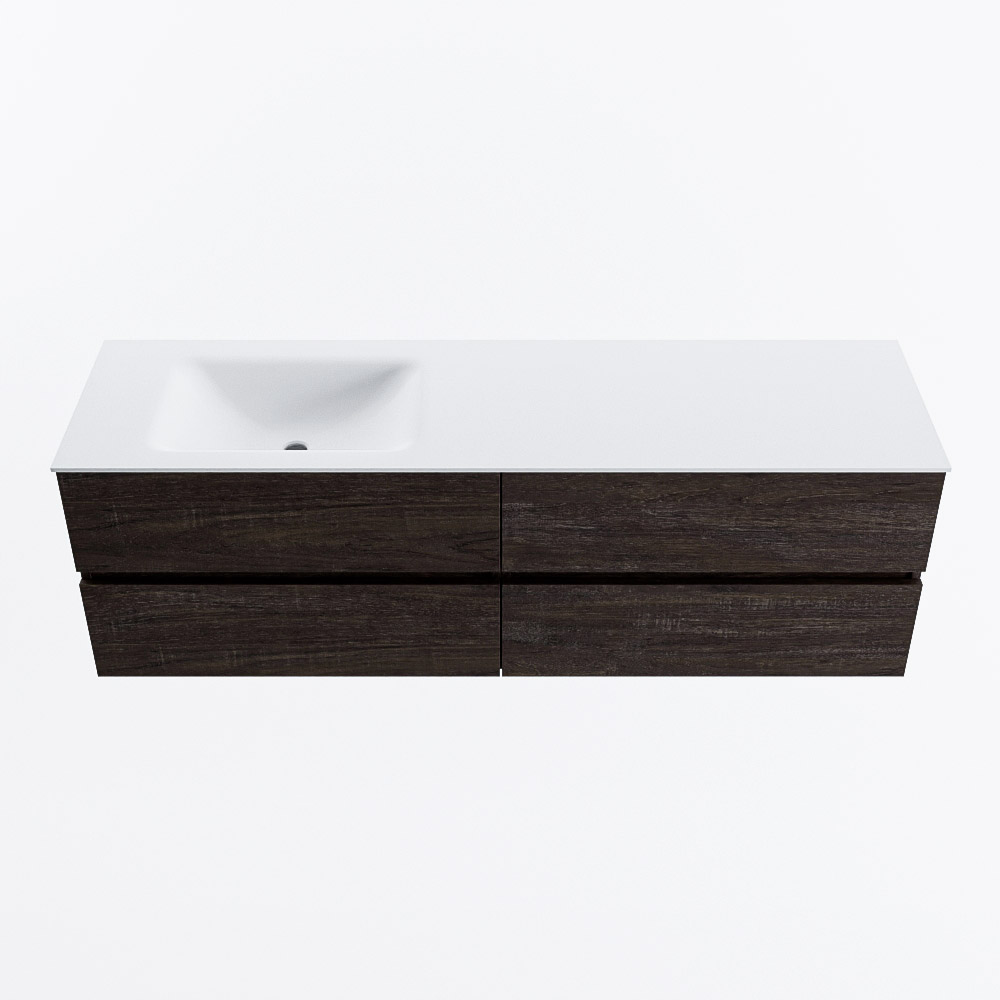 Mondiaz VICA 160cm badmeubel onderkast Dark Brown 4 lades. Wastafel CLOUD links zonder kraangat, kleur Talc.