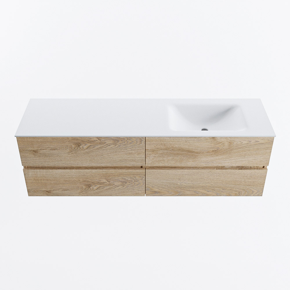 Mondiaz VICA 160cm badmeubel onderkast Washed Oak 4 lades. Wastafel CLOUD rechts 1 kraangat, kleur Talc.
