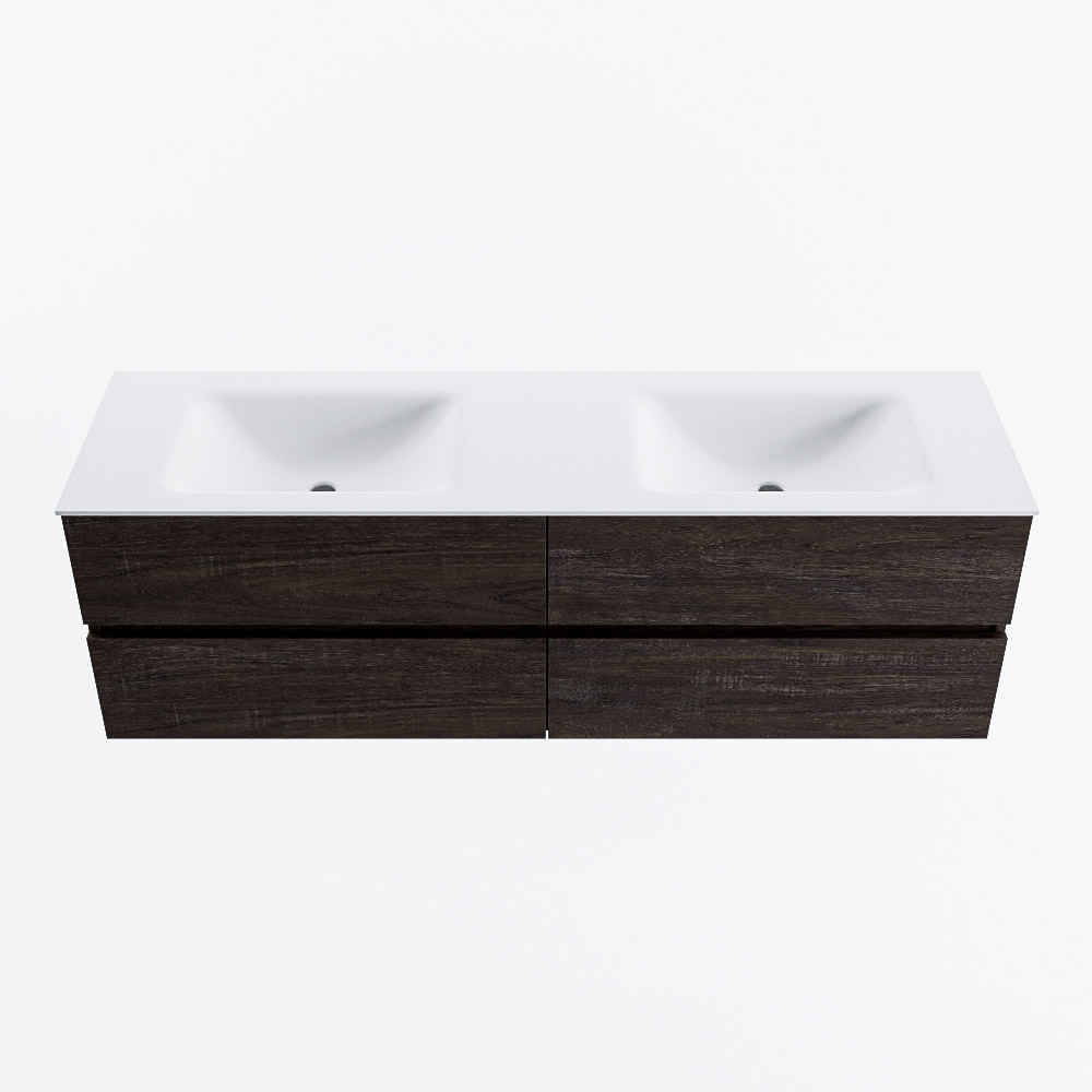 Mondiaz VICA 160cm badmeubel onderkast Dark Brown 4 lades. Wastafel CLOUD dubbel zonder kraangat, kleur Talc.