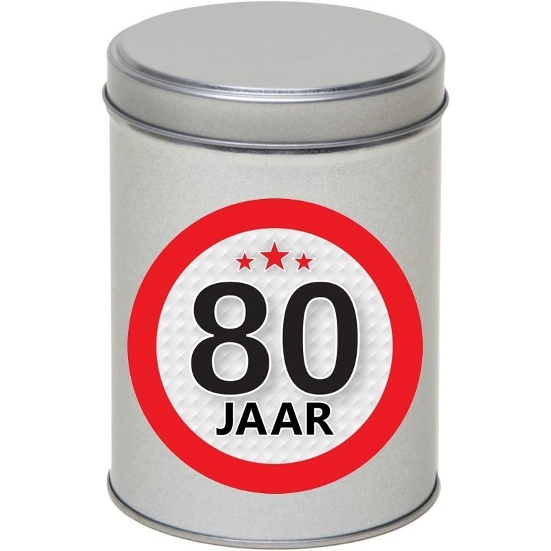 Merkloos Zilver bewaarblik/opbergblik 13 cm met 80 jaar sticker -