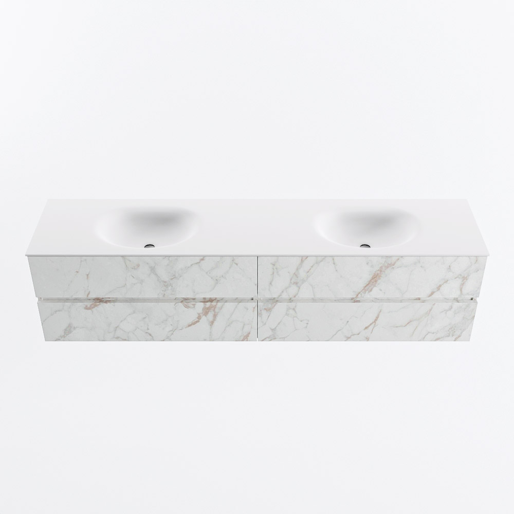 Mondiaz VICA 200cm badmeubel onderkast Carrara 4 lades. Wastafel MOON dubbel zonder kraangat, kleur Talc.