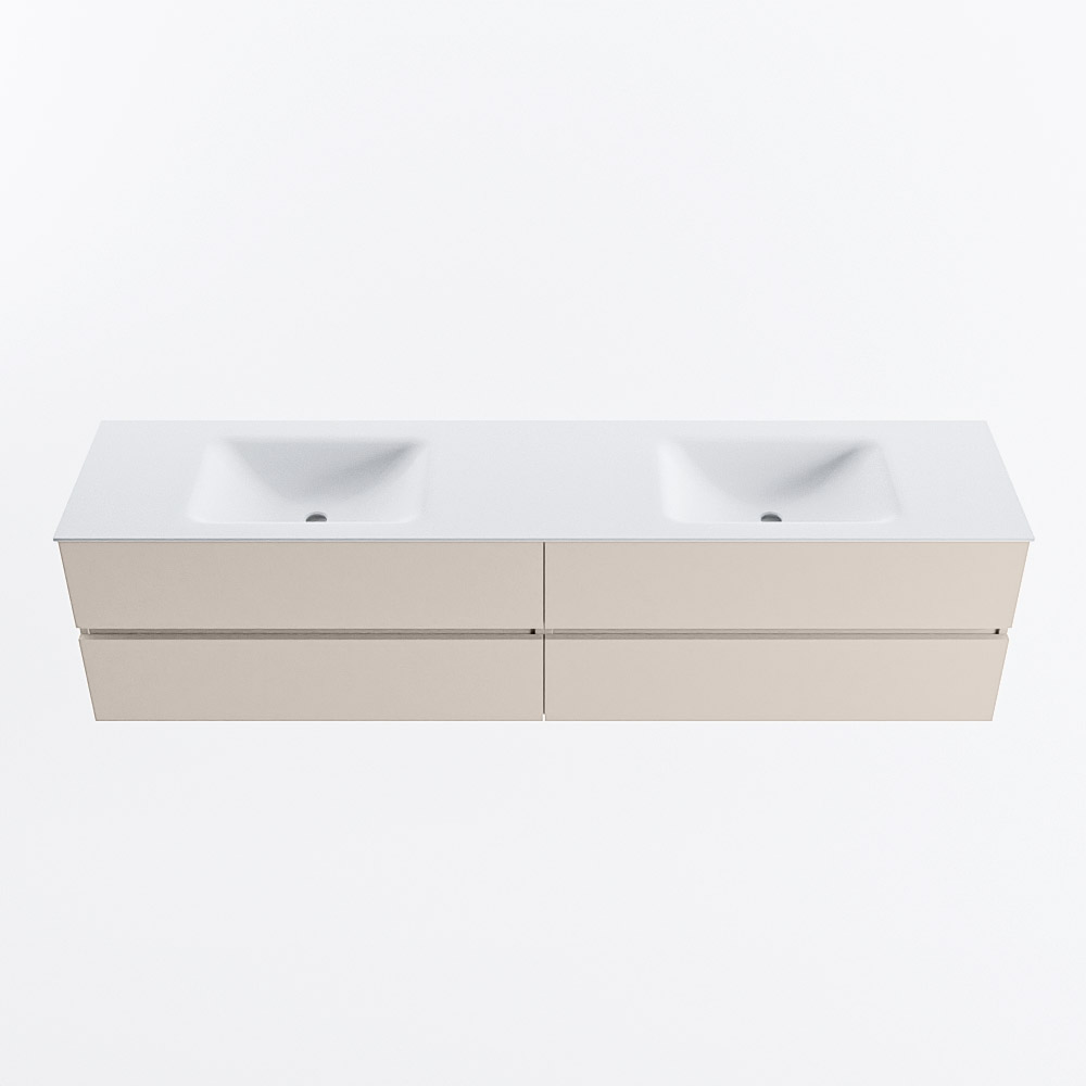Mondiaz VICA 200cm badmeubel onderkast Linen 4 lades. Wastafel CLOUD dubbel zonder kraangat, kleur Talc.