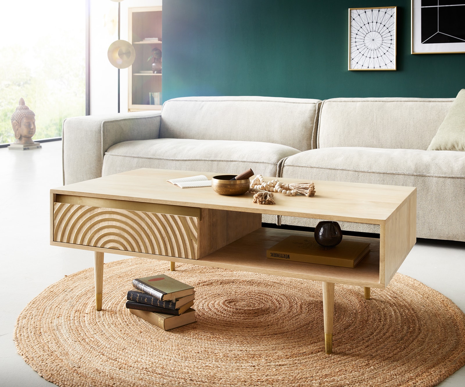DELIFE Couchtisch Budaya 115x60 cm Mango Natur 2 Schubfächer Fuß rund