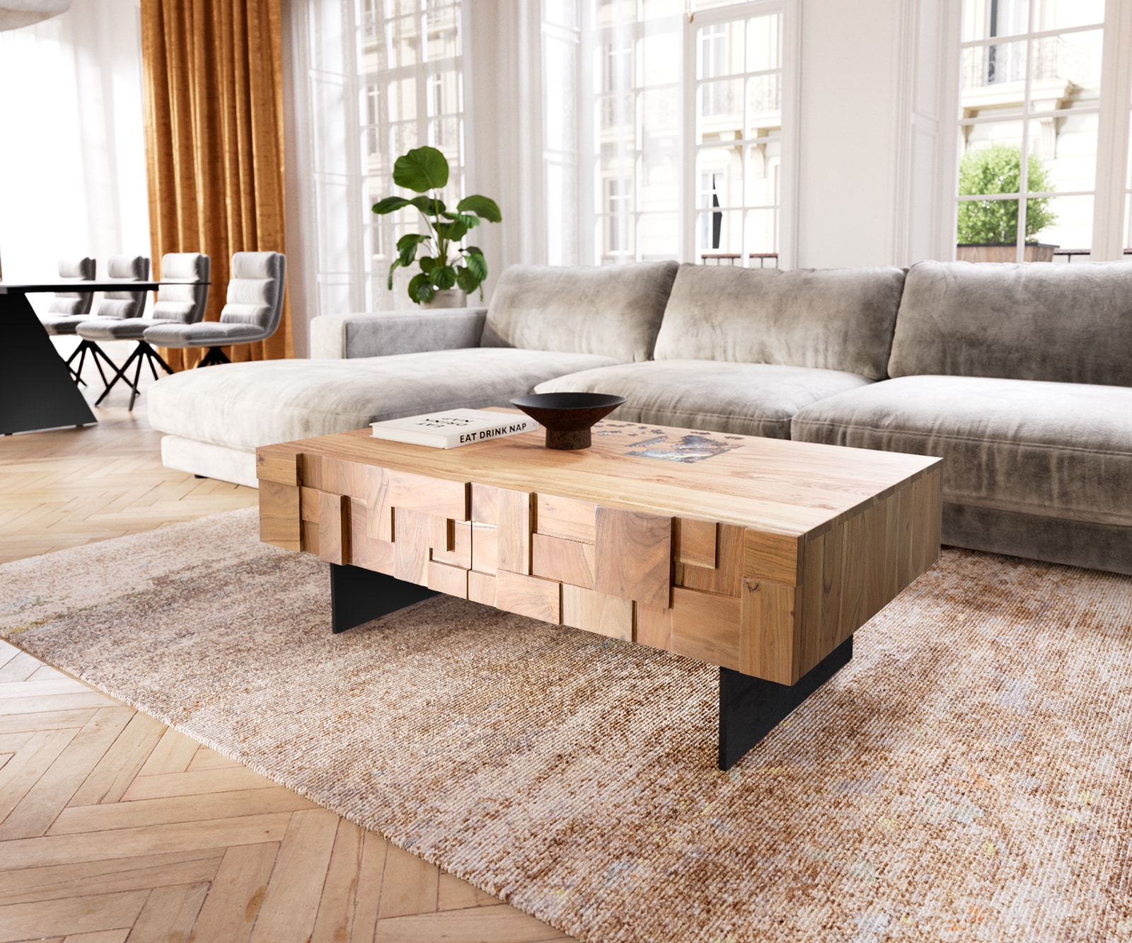 DELIFE Couchtisch Puzzle 120 cm 4 Schubfächer Akazie Natur Fuß schwebend Metall schwarz