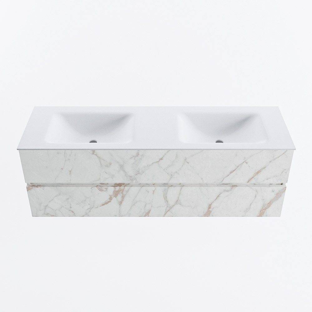Mondiaz VICA 150cm badmeubel onderkast Carrara 2 lades. Wastafel CLOUD dubbel 2 kraangaten, kleur Talc.