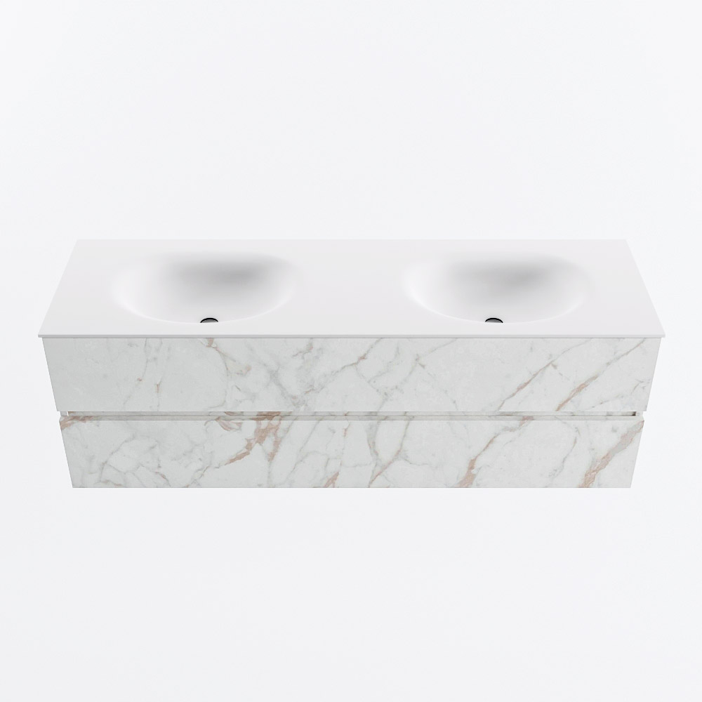Mondiaz VICA 150cm badmeubel onderkast Carrara 2 lades. Wastafel MOON dubbel 2 kraangaten, kleur Talc.