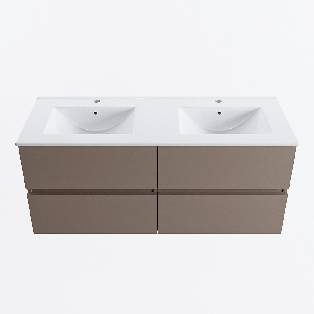 Mondiaz VICA 120cm badmeubel onderkast Smoke 4 lades. Wastafel DENIA dubbel 2 kraangaten, kleur Glanzend Wit.