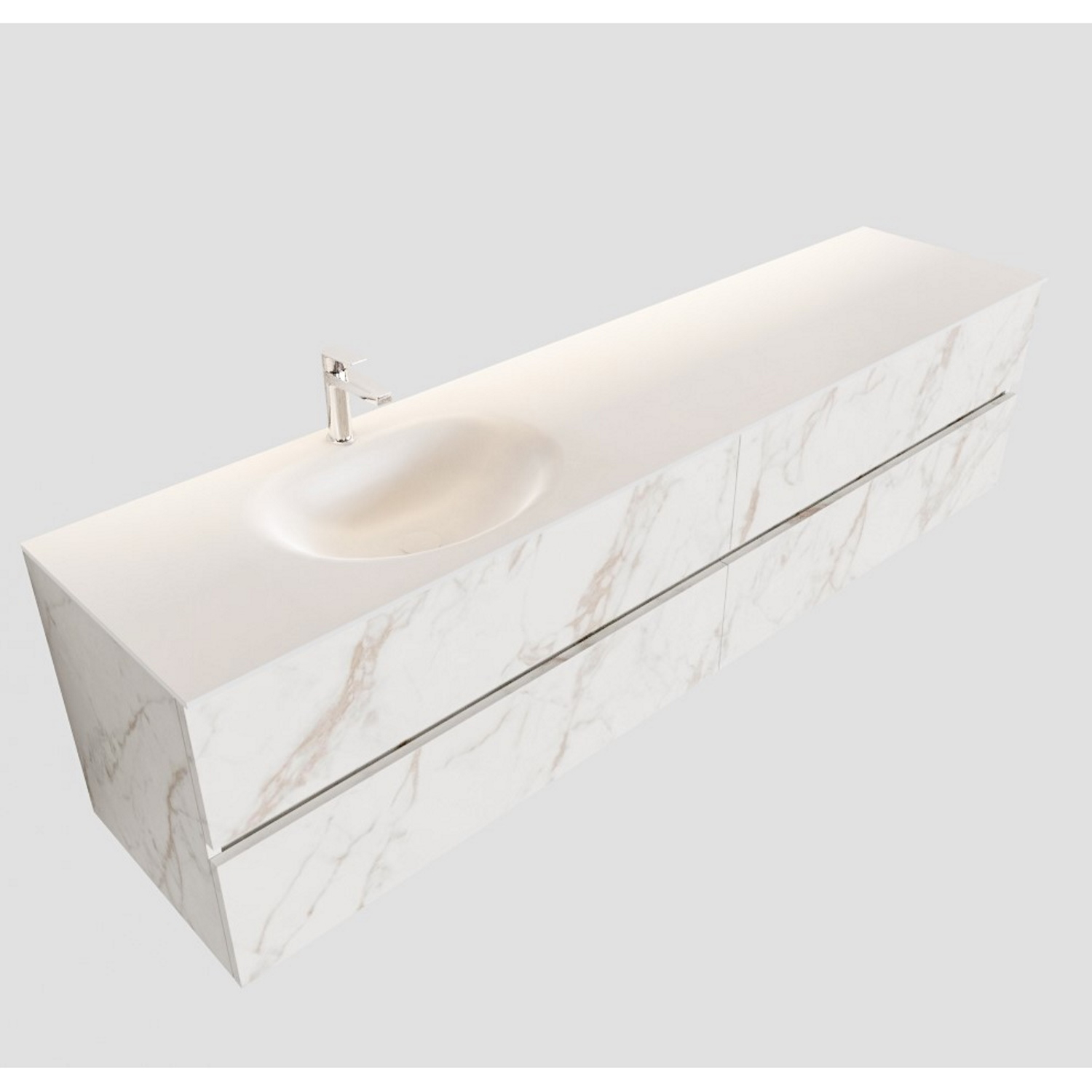 Boss & Wessing Badkamermeubel BWS Valencia Carrara Mat 200 cm Solid Surface Wastafel Rechthoekige Wasbak Links (1 kraangat, 4 lades)
