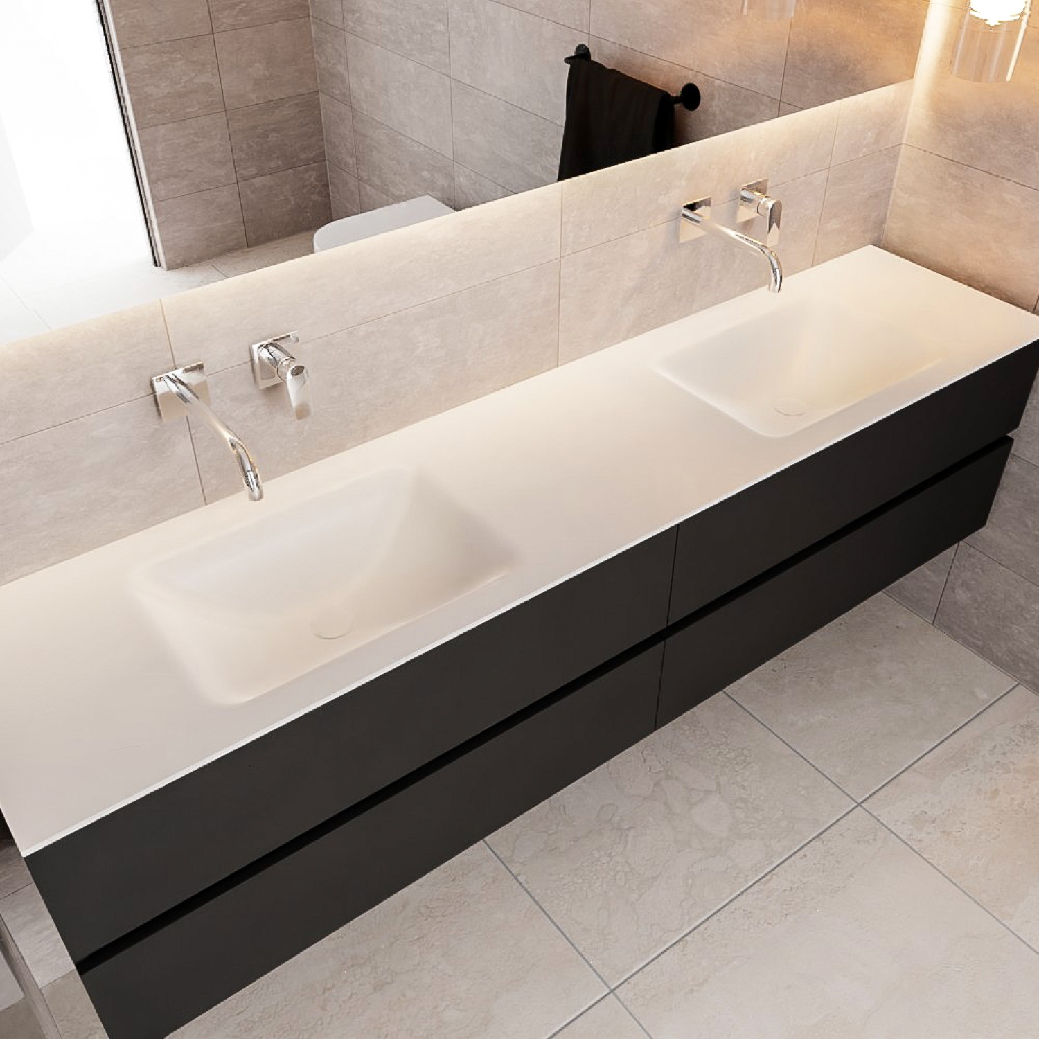 Boss & Wessing Badkamermeubel Solid Surface BWS Oslo 200x45 cm Mat Zwart Urban Dubbel (0 kraangaten, 4 lades)