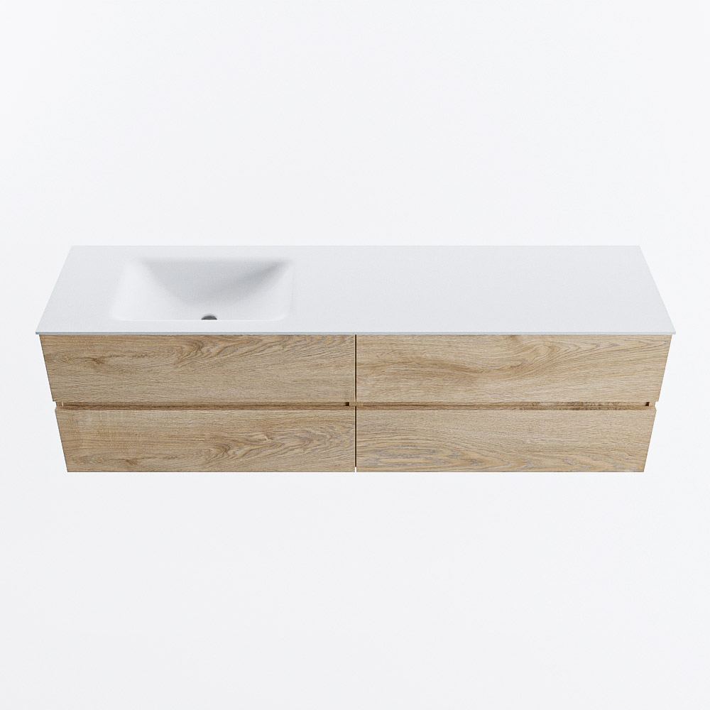 Mondiaz VICA 170cm badmeubel onderkast Washed Oak 4 lades. Wastafel CLOUD links zonder kraangat, kleur Talc.