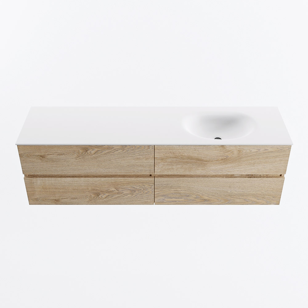 Mondiaz VICA 170cm badmeubel onderkast Washed Oak 4 lades. Wastafel MOON rechts 1 kraangat, kleur Talc.