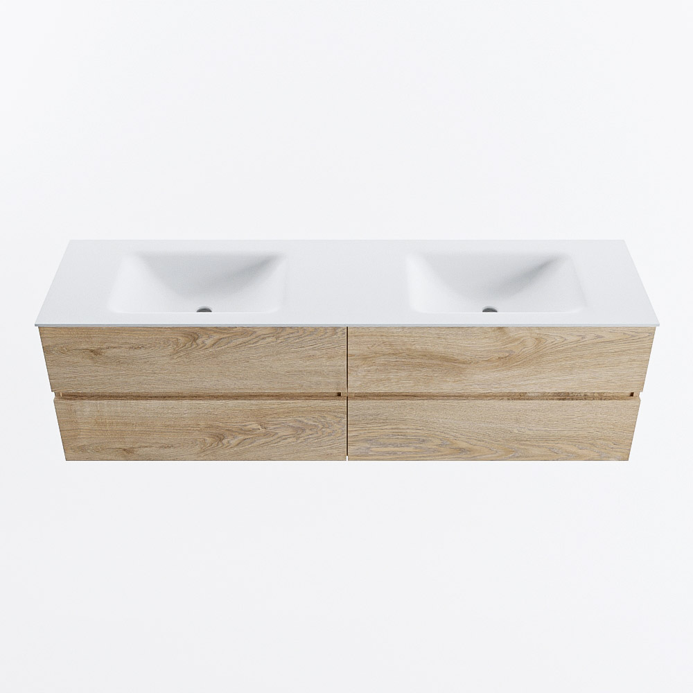 Mondiaz VICA 170cm badmeubel onderkast Washed Oak 4 lades. Wastafel CLOUD dubbel 2 kraangaten, kleur Talc.