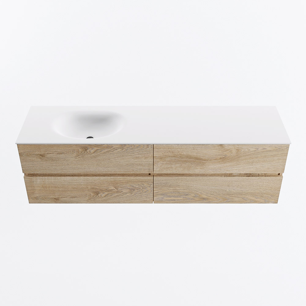 Mondiaz VICA 170cm badmeubel onderkast Washed Oak 4 lades. Wastafel MOON links zonder kraangat, kleur Talc.