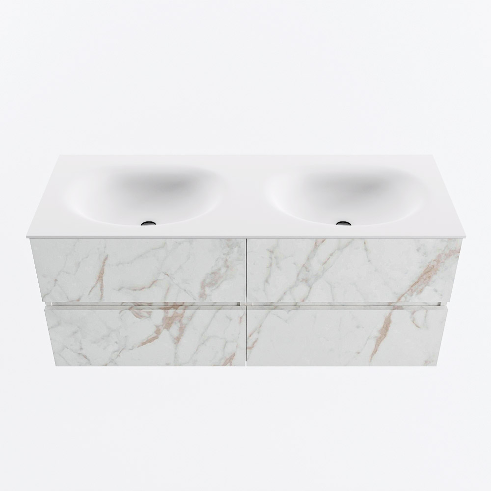 Mondiaz VICA 120cm badmeubel onderkast Carrara 4 lades. Wastafel MOON dubbel 2 kraangaten, kleur Talc.
