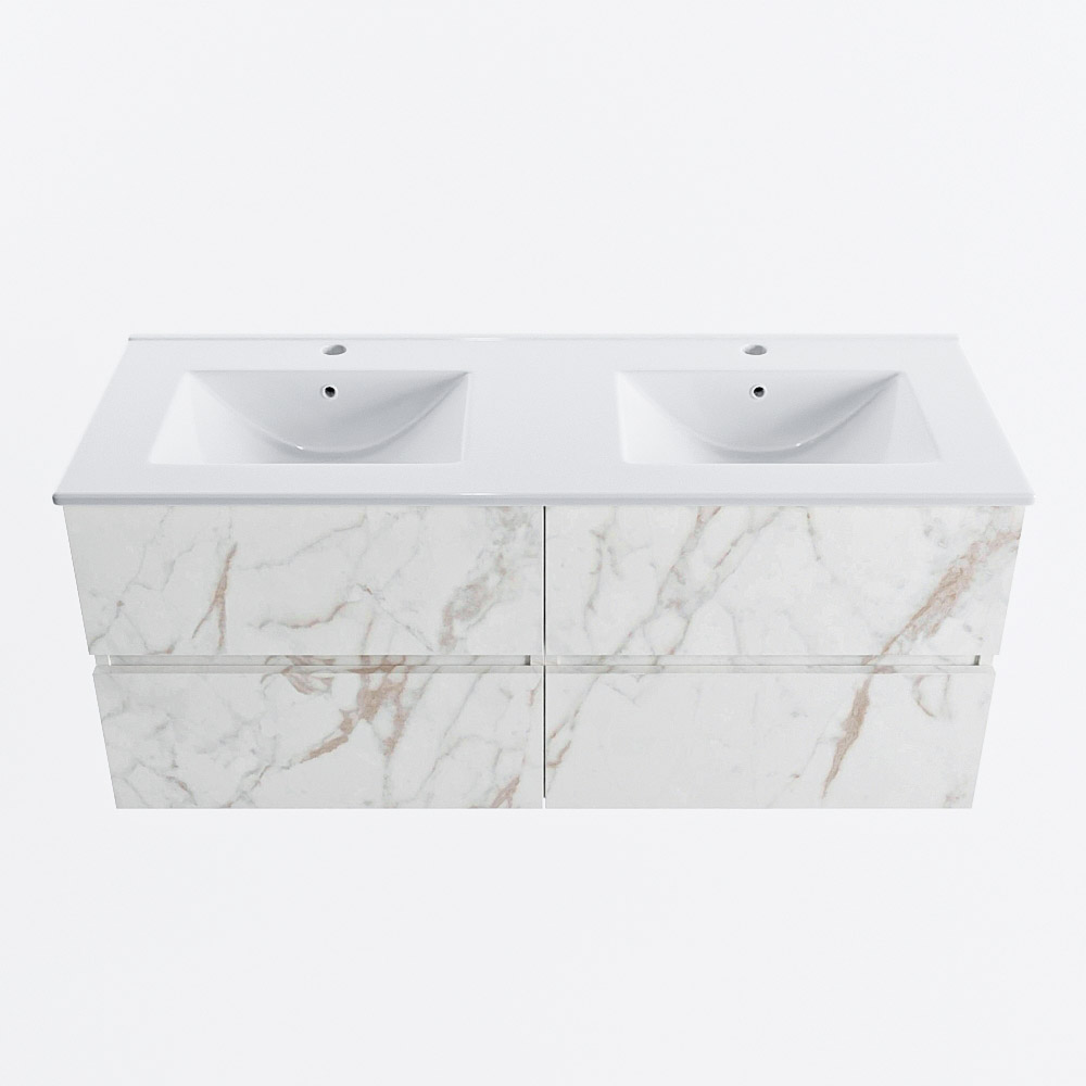 Mondiaz VICA 120cm badmeubel onderkast Carrara 4 lades. Wastafel DENIA dubbel 2 kraangaten, kleur Glanzend Wit.
