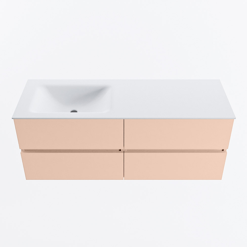 Mondiaz VICA 130cm badmeubel onderkast Rosee 4 lades. Wastafel CLOUD links zonder kraangat, kleur Talc.