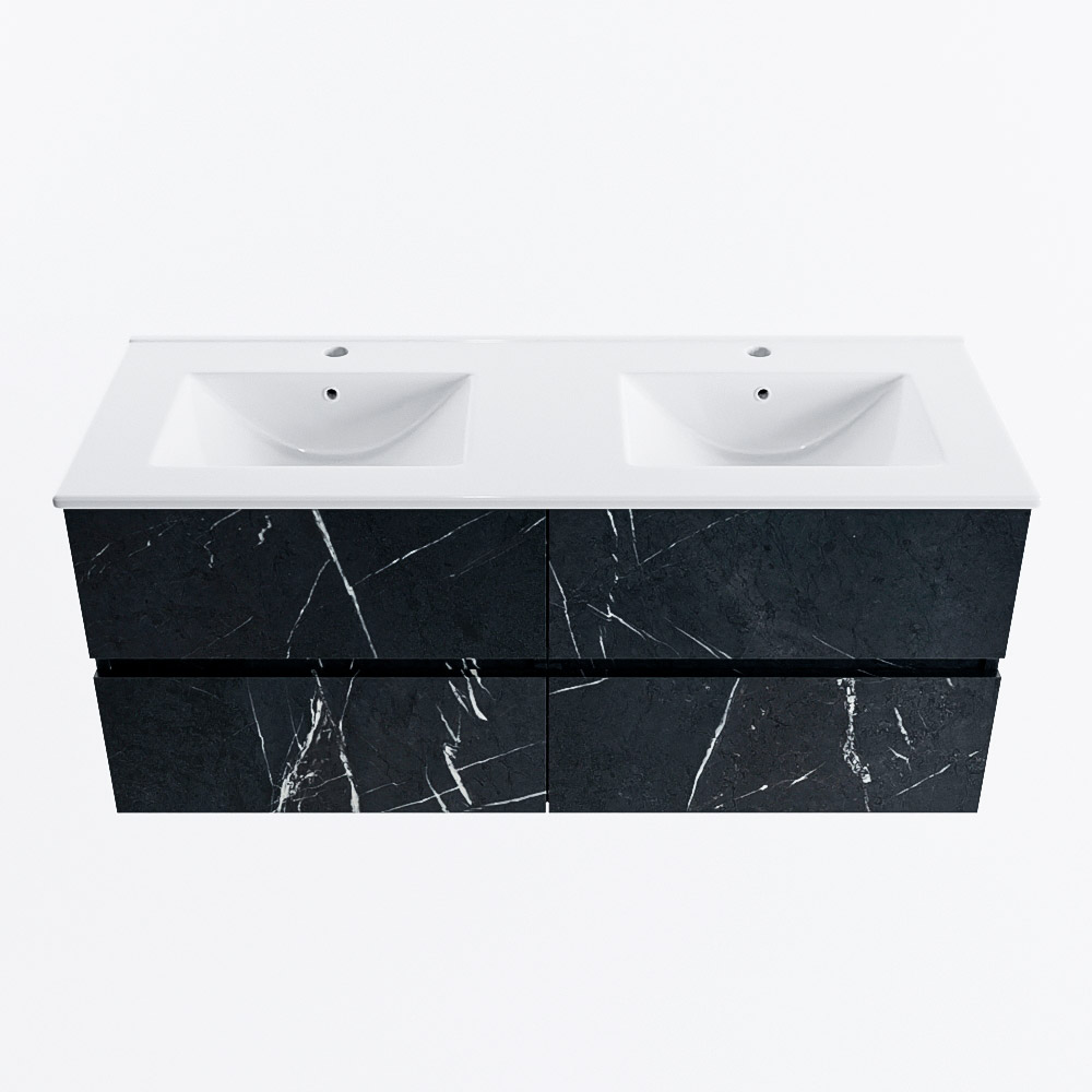 Mondiaz VICA 120cm badmeubel onderkast Marquina 4 lades. Wastafel DENIA dubbel 2 kraangaten, kleur Glanzend Wit.