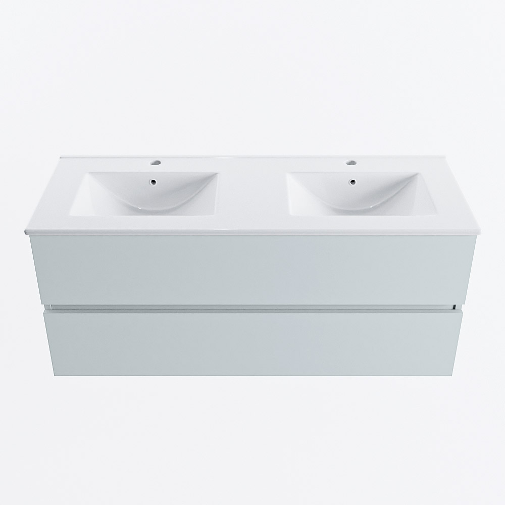 Mondiaz VICA 120cm badmeubel onderkast Clay 2 lades. Wastafel DENIA dubbel 2 kraangaten, kleur Glanzend Wit.