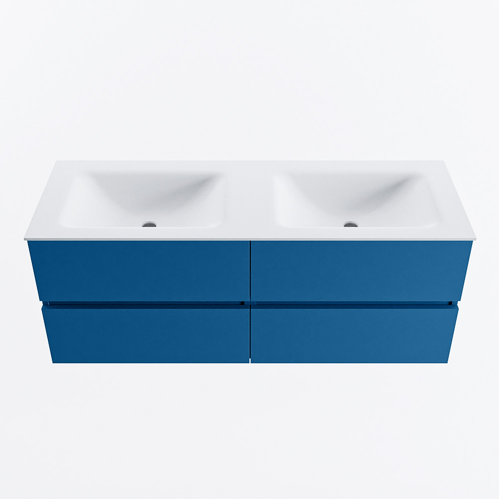 Mondiaz VICA 130cm badmeubel onderkast Jeans 4 lades. Wastafel CLOUD dubbel zonder kraangat, kleur Talc.